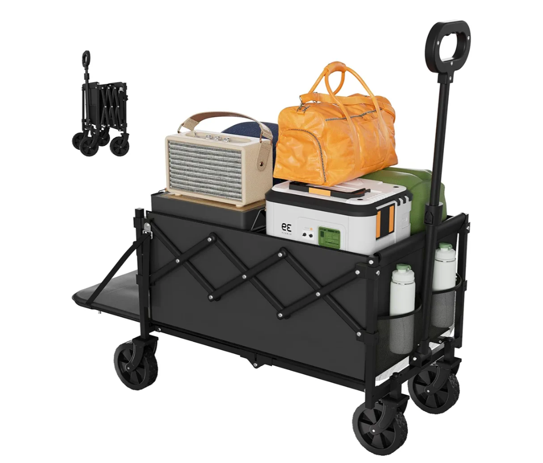 Foldable Wagons Carts, Lightweight Collapsible Portable Utility Shopping Cart with Wheels & Tailgate, Folding Grocery Wagon Cart for Grocery, Camping, Shopping, Beach, Garden, Sports Black