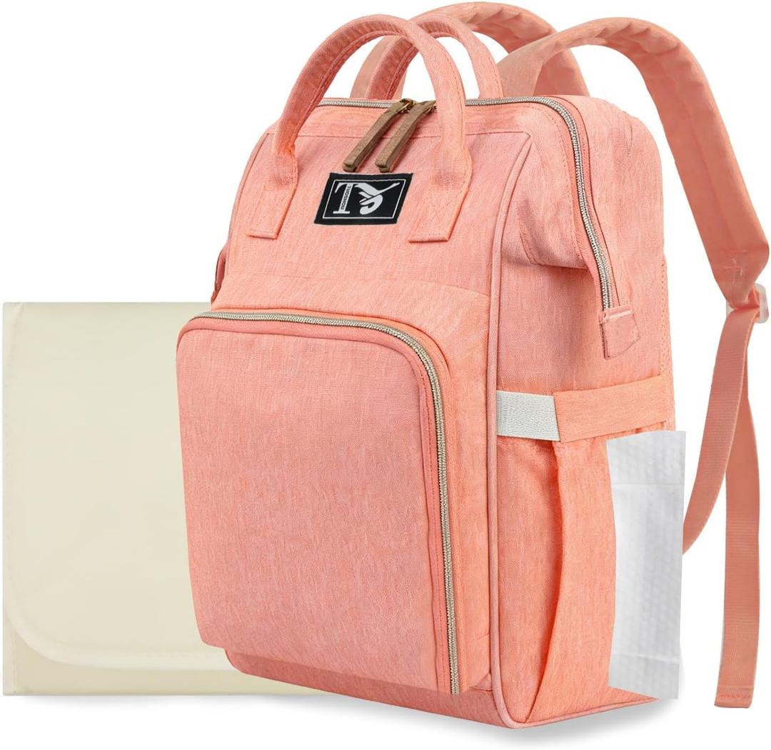 Diaper Bag Backpack for Women - Multifunction Travel Essentials Baby Diaper Bag with Changing Pad, Large Backpack Baby Girl Boy, Insulated Bottle Holders & Stroller Straps (Pink+Orange)