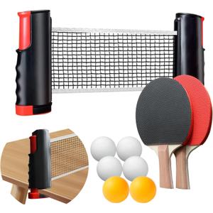 Portable Ping Pong Set with Ping Pong Paddles, Table Tennis Paddles, Retractable Ping Pong Net for Any Table, 2 Rackets, 6 Balls & Bag for Indoor/Outdoor Sports and Outdoors (Black)