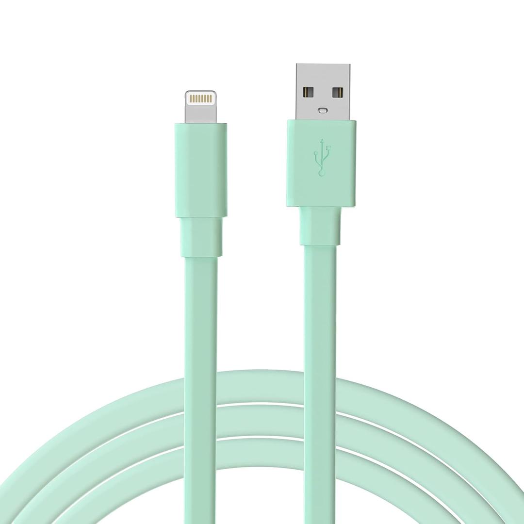 TalkWorks Flat Lightning Charging Cable - Compatible with iPhone 14/13/12/11/XR/XS/8/7/6/5 - 7' Mint Green Charger Cord