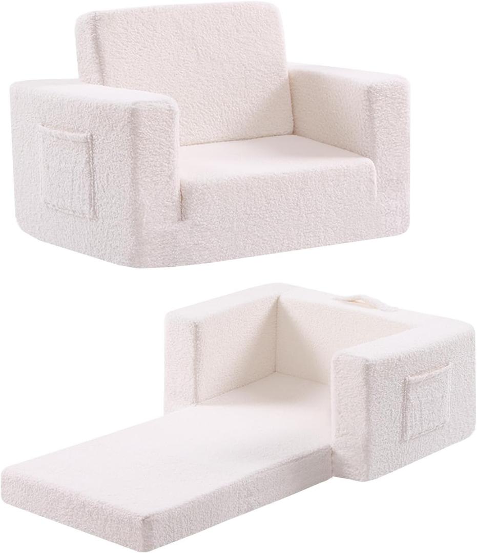 Toddler Chair Sherpa Kids Couch, 2-in-1 Soft Kids Sofa Lounger for Bedroom, Convertible Couch for Girls and Boys, Reading Chair, Beige (Sherpa Beige)