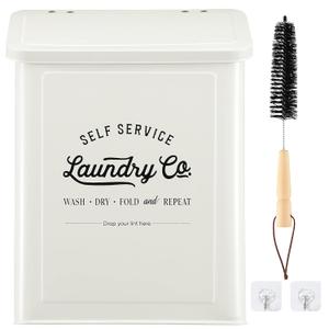 Magnetic Lint Bin for Laundry Room, Metal Trash Can with Lid for Dryer, Farmhouse Lint Holder, Laundry Co Sign, Laundry Room Storage Decor with Dryer Lint Brush(White)