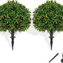 Artificial Boxwood Topiary Tree with Olive, Set of 2 Artificial Shrub Bushes with Ground Spike, Fake Evergreen Tree for Porch, Artificial Plants for Outdoor Planters Indoor UV Resistant