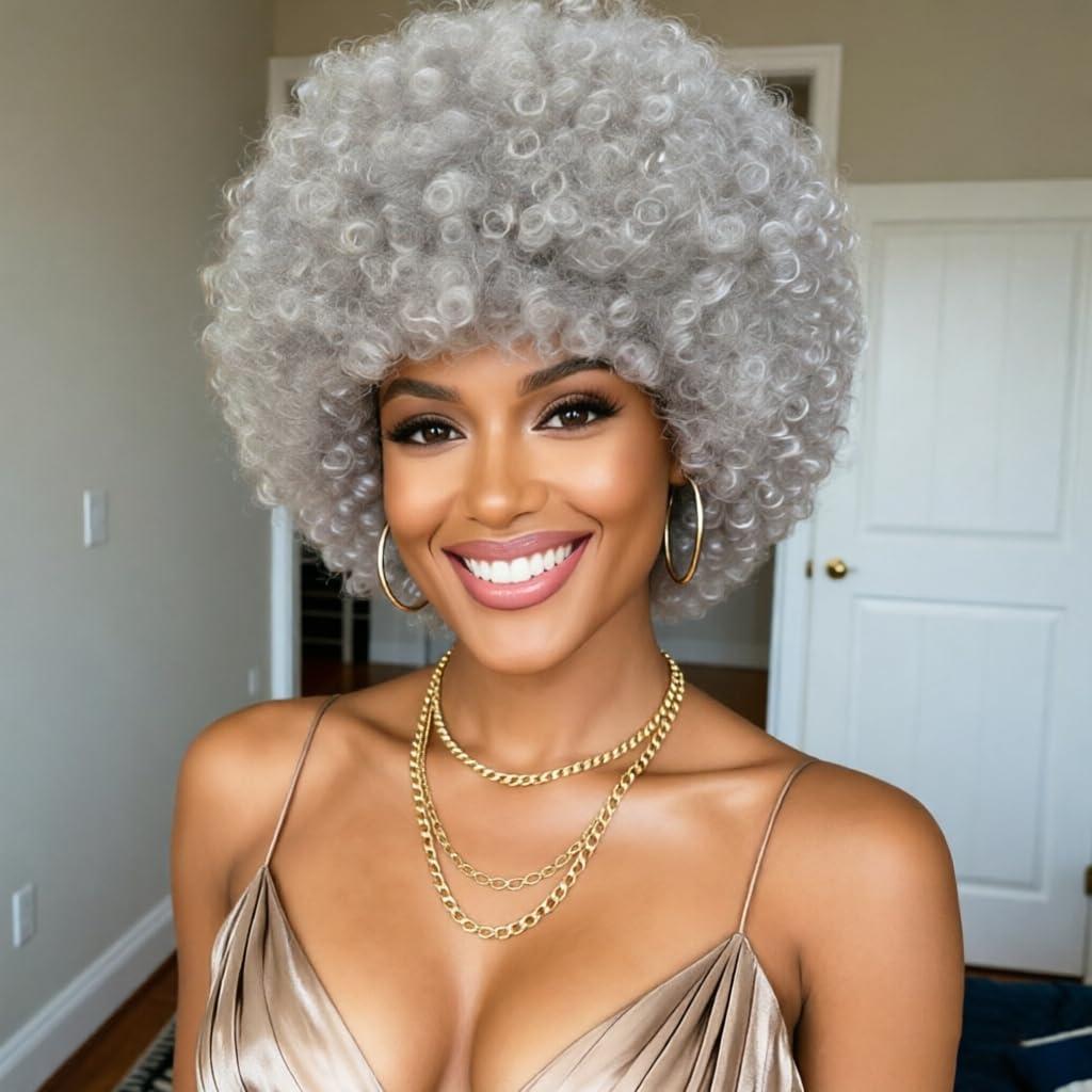 Short Kinky Curly Afro Wig with Bangs Glueless for Black Women Men 70s Disco Bouncy Fluffy Puff Synthetic Heat Resistant Natural Looking Hair for Party Cosplay Daily Use