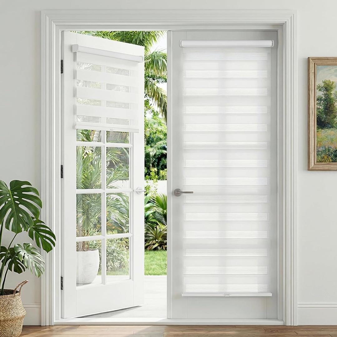 LazBlinds No Drill Zebra Blinds for French Door, Cordless Blinds for Door with 20" Covering Width, Small Gap Design Light Filtering Sheer Shades for Indoor Windows, 20 5/8" W x 24" L, White, 1 Panel