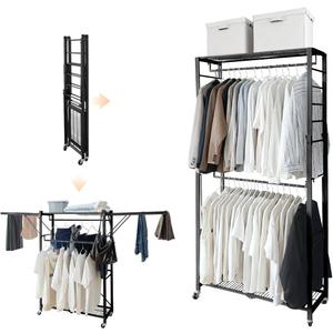 lumizone Folding Clothing Rack with Wheels Expandable Wardrobe Portable Clothes Rack for Hanging Clothes Adjustable Closet Shelves Garment Rack Durable Closet Racks for Hanging Clothes (Pro Black)