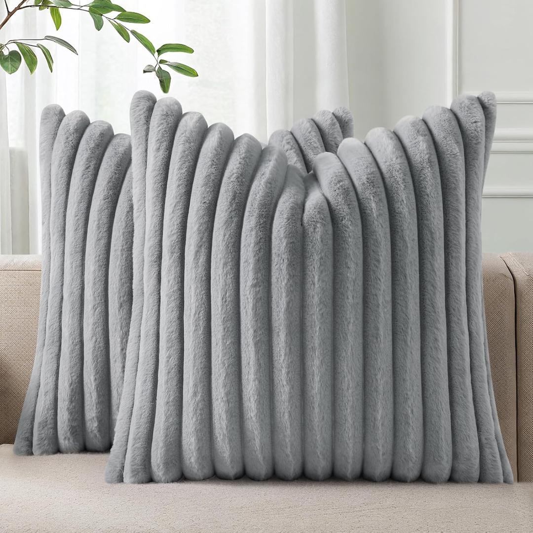 Pallene Faux Fur Plush Throw Pillow Covers 18x18 Set of 2, Luxury Soft Fluffy Striped Decorative Pillow Covers for Sofa, Couch, Living Room, Grey
