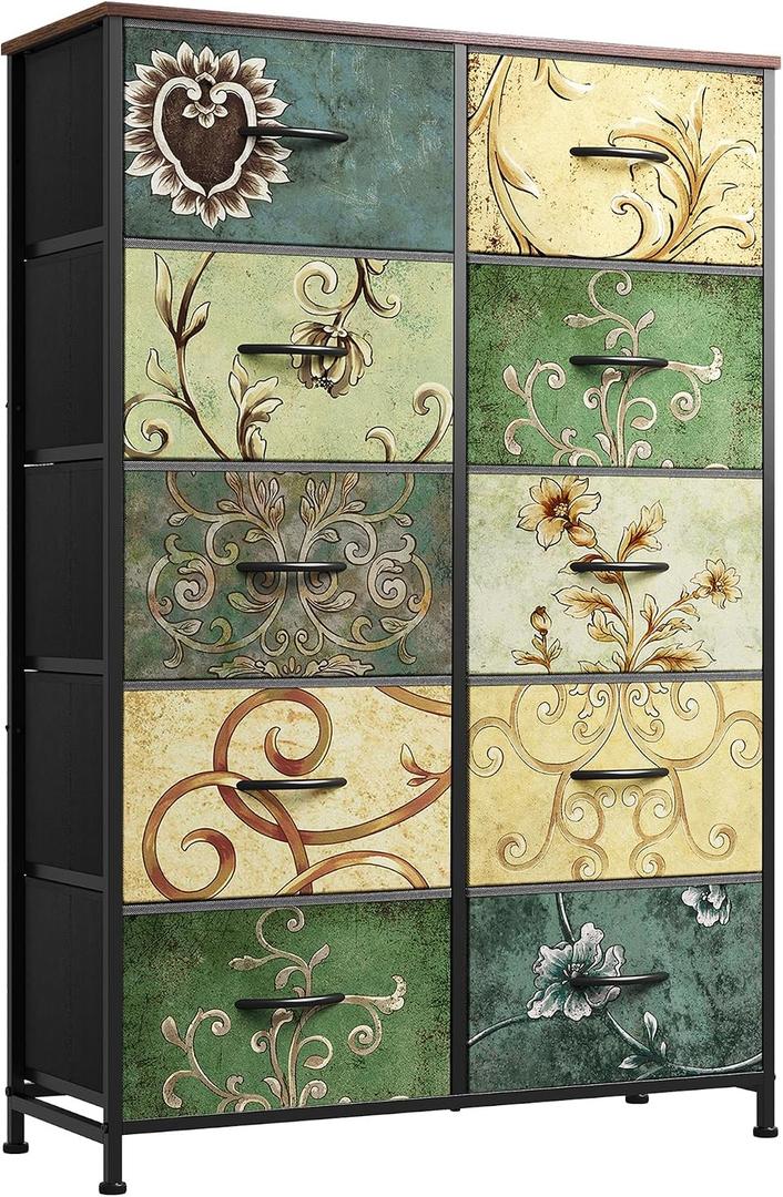 WLIVE Tall Dresser for Bedroom with 10 Fabric Drawers, Floral Painted | 10 Drawers, Fabric Dresser for Closet, Storage Tower with Cabinet, Metal Frame