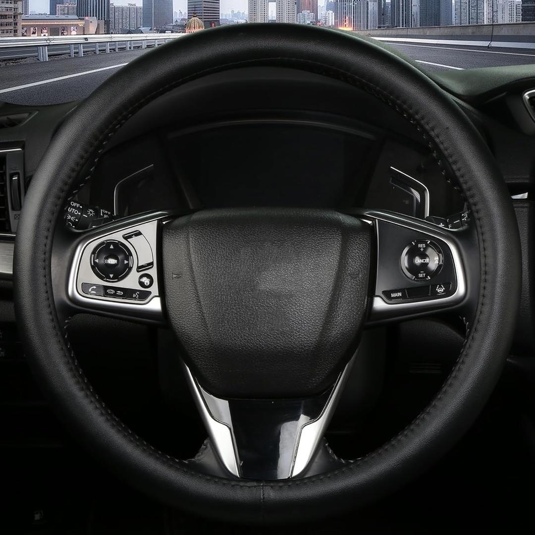 Leather Steering Wheel Cover, Anti-Slip, Safety, Soft, Breathable,Thin, Adaptable to 14.5-15 inches Steering Wheel Fit SUV Jeep Van Sedan, Car Steering Wheel Protector for Women Men,Classic Black