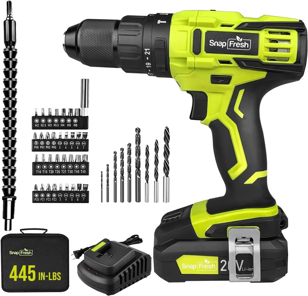SnapFresh 20V Cordless Impact Drill-1/2" Power Drill/Driver Set,445in-lbs Torque Max,2 Variable Speeds, 43Pcs Bits w/case,2.0Ah Battery & Fast Charger Included, Power Tools