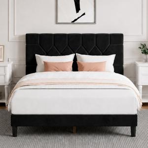 Novilla Full Size Bed Frame, Full Bed Frame with Headboard, Velvet Upholstered Pull-Point Headboard, No Box Spring Needed, Metal Support Heavy Duty Feet, Easy Assembly, Black Velvet