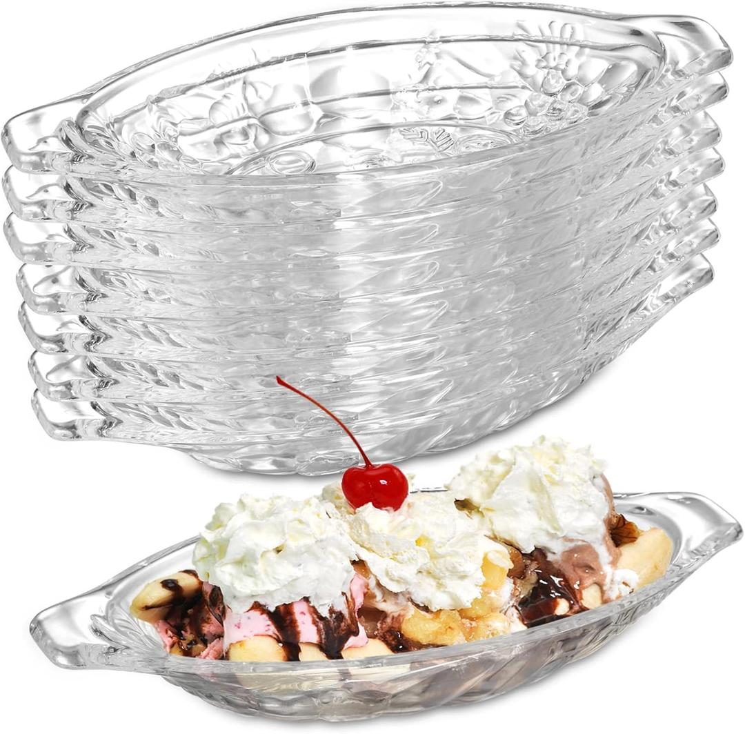 SOUJOY 8 Pack Banana Split Dish Boat, 8oz Acrylic Ice Cream Splits Plate, Clear Sundae Serving Bowl for Banana Split, Ice Cream, Fruits, Yogurt, Brownies, Snack