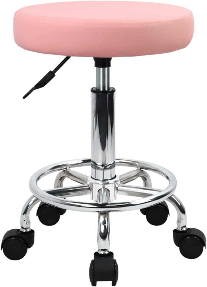 KKTONER PU Leather Round Rolling Stool with Foot Rest Swivel Height Adjustment Spa Drafting Salon Tattoo Work Office Massage Stools Task Chair (Pink)