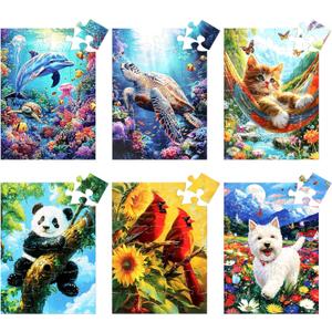 6 Packs 24 Large Piece Puzzles for Seniors,Animals Puzzle for Seniors with Dementia,Turtle Panda Cat Dolphin Bird Dog Easy Jigsaw Puzzle for Alzheimers Memory Games Dementia Activities