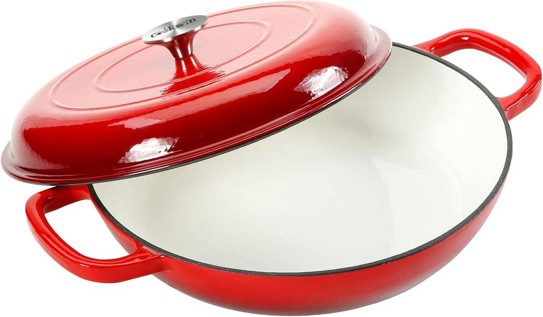 Cast Iron Casserole Braiser,3.8 Quart Enameled Cast Iron Pan,Heavy Duty Casserole Skillet with Lid and Dual Handles,Porcelain Surface Casserole Dish with Lid,Dutch Oven Gifts for Family,Red (3.8QT)