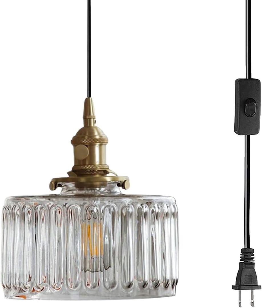 Hanging lamp Plug in Vintage Glass Pendant Light, Small Plug in Pendant Light Cord Clear Striped Glass Shade, Mid Century Modern Hanging Light Cord for Living Room Kitchen Island (Clear)