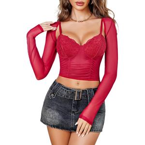Avidlove Mesh Crop Top with Shrug Long Sleeve Sheer Top Sexy Low Cut Shirt Going Out 2 Pieces Clubwear, Red, XXL