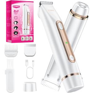 Bikini Trimmer for Women, 2-in-1 Painless Electric Razor for Body and Pubic Hair, IPX7 Waterproof Shaver with Dual Heads - Rechargeable Lady Trimmer for Bikini, Underarm, and Leg (White)