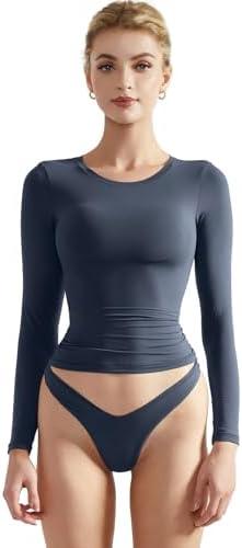 SUUKSESS Women Double Lined Fitted Basic T Shirts Crew Neck Long Sleeve Crop Top Size XS