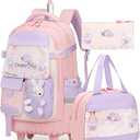Rolling Backpack for Girls, Kawaii Bunny Roller Wheels School Backpacks with Lunch Bag Pencil case, Wheeled Suitcase Bookbag for Elementary Travel Pink
