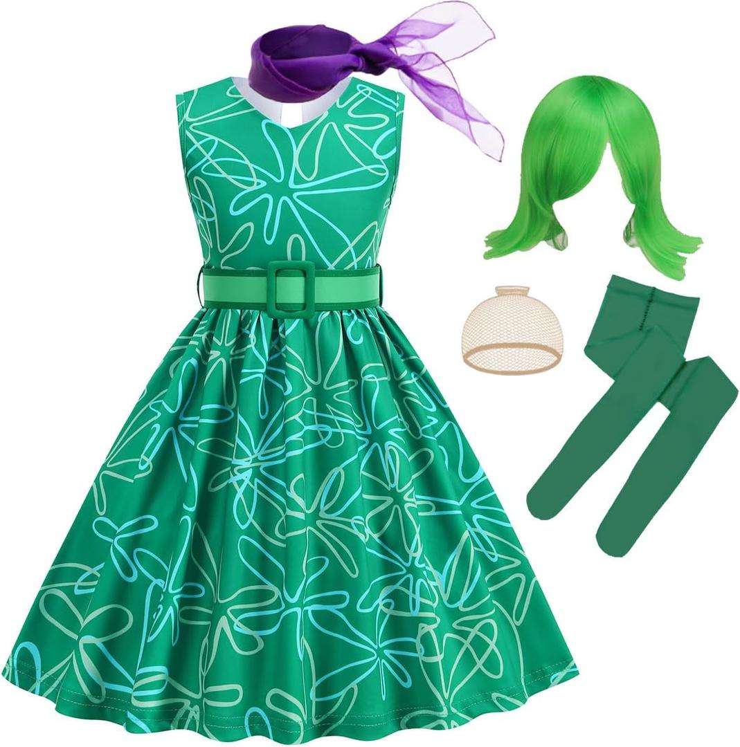 Girls Disgust Costume Dress Kids Green Fancy Dress up Halloween Carnival Party Cosplay Costume