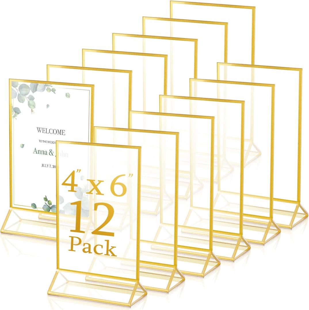 Hoteam 12 Pieces Gold Frames Clear Acrylic Sign Holder Double Sided Menu Display Stand with Gold Borders 2mm Table Number Holder for Wedding Recipe Cards Photo Display(Horizontal Vertical,4 x 6 Inch)