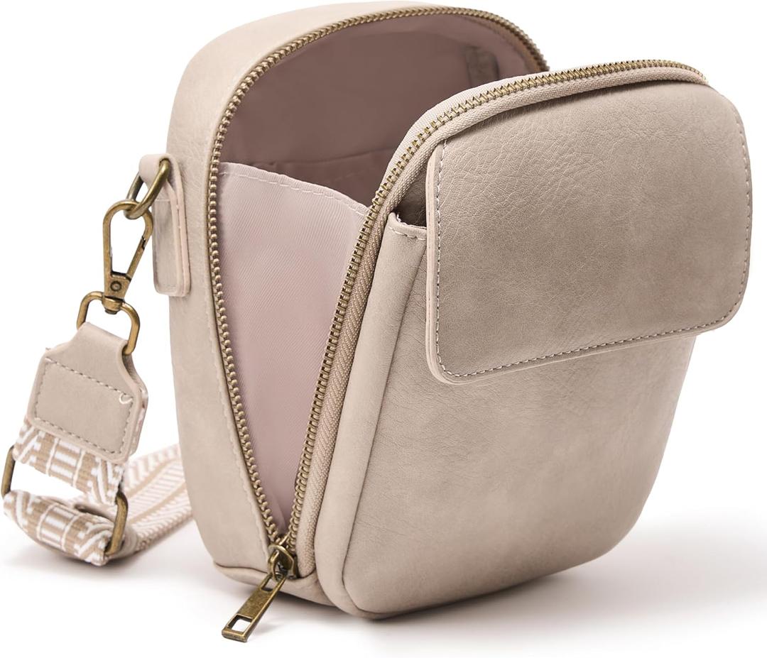 Yarnic Small Crossbody Bag, Vegan Leather Cell Phone Purse for Women, Vintage Wallet Bag with Card Slots (Beige Gray-wide Strap a)