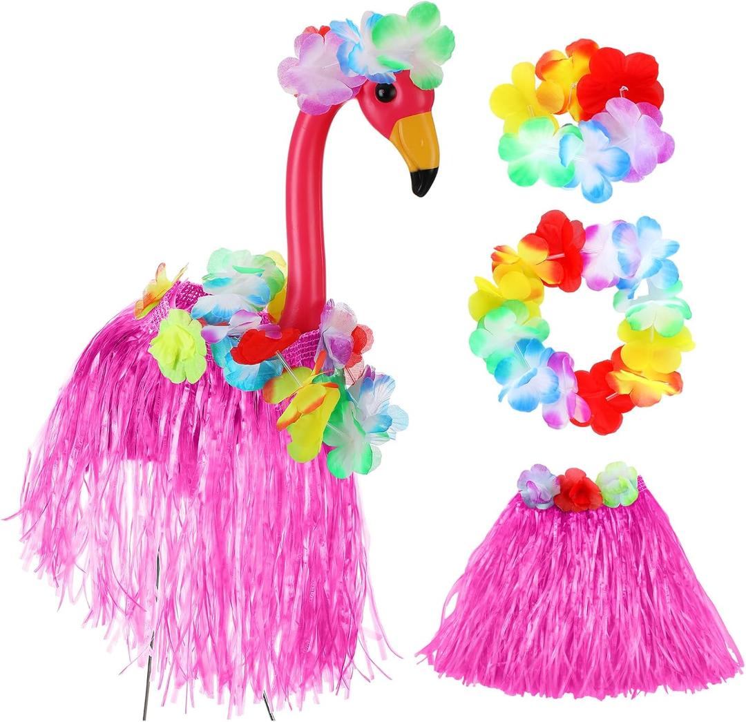Chunful Summer Flamingo Outfits Yard Ornaments for 31'' Flamingos Costume, Hawaiian Luau Yard Ornaments Tropical Grass Hula Statue Skirt for Garden Lawn Porch Outdoor Decor, Flamingo Not Included