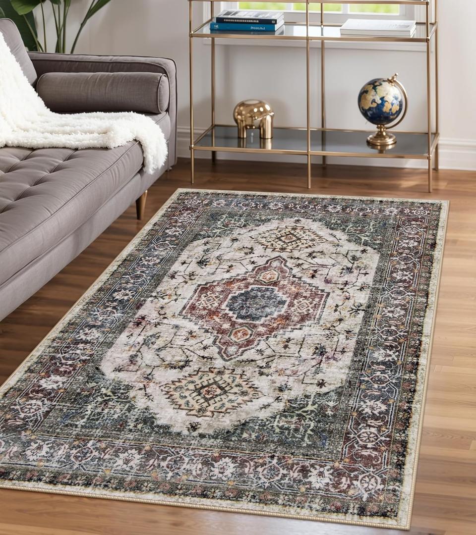 Lahome Oriental Washable Rug, 3x5 Rugs for Bedroom Living Room Entryway, Vintage Ultra-Thin Non-Slip Soft Throw Carpet for Kitchen Office Entrance Eleanor, Brown/Grey