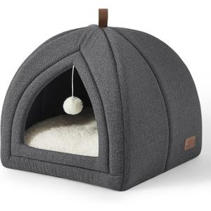 Bedsure Cat Beds for Indoor - 2 in 1 Cat Cave House Tent for Kittens and Small Pets with Removable Washable Cushioned Pillow, Foldable Kitten Hideaway with Non-Slip Bottom, Dark Grey, 16 inches