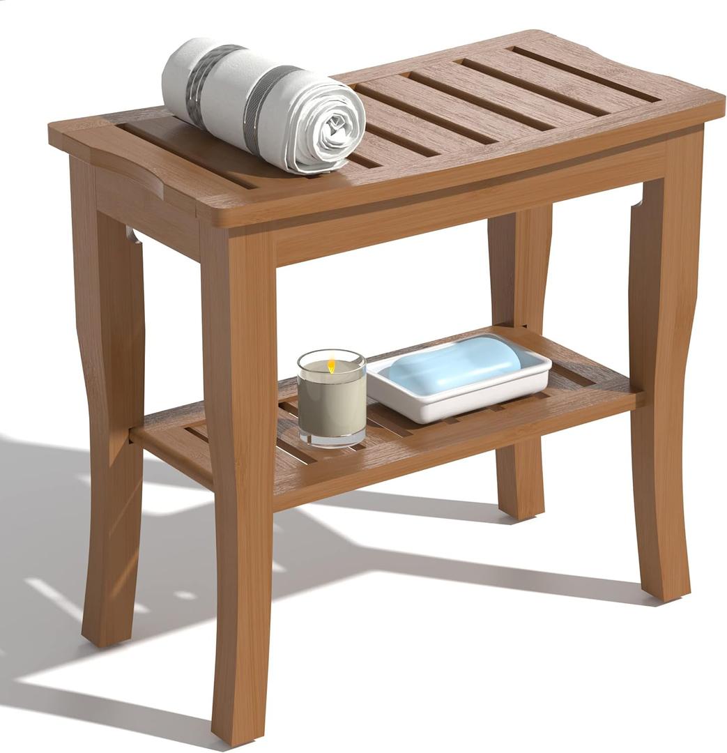 Domax Bamboo Shower Bench with Shelf-Waterproof Wood Shower Stool for Inside Shower Spa Sauna(Walnut) (Walnut 18.9"x18.11"x9.96")