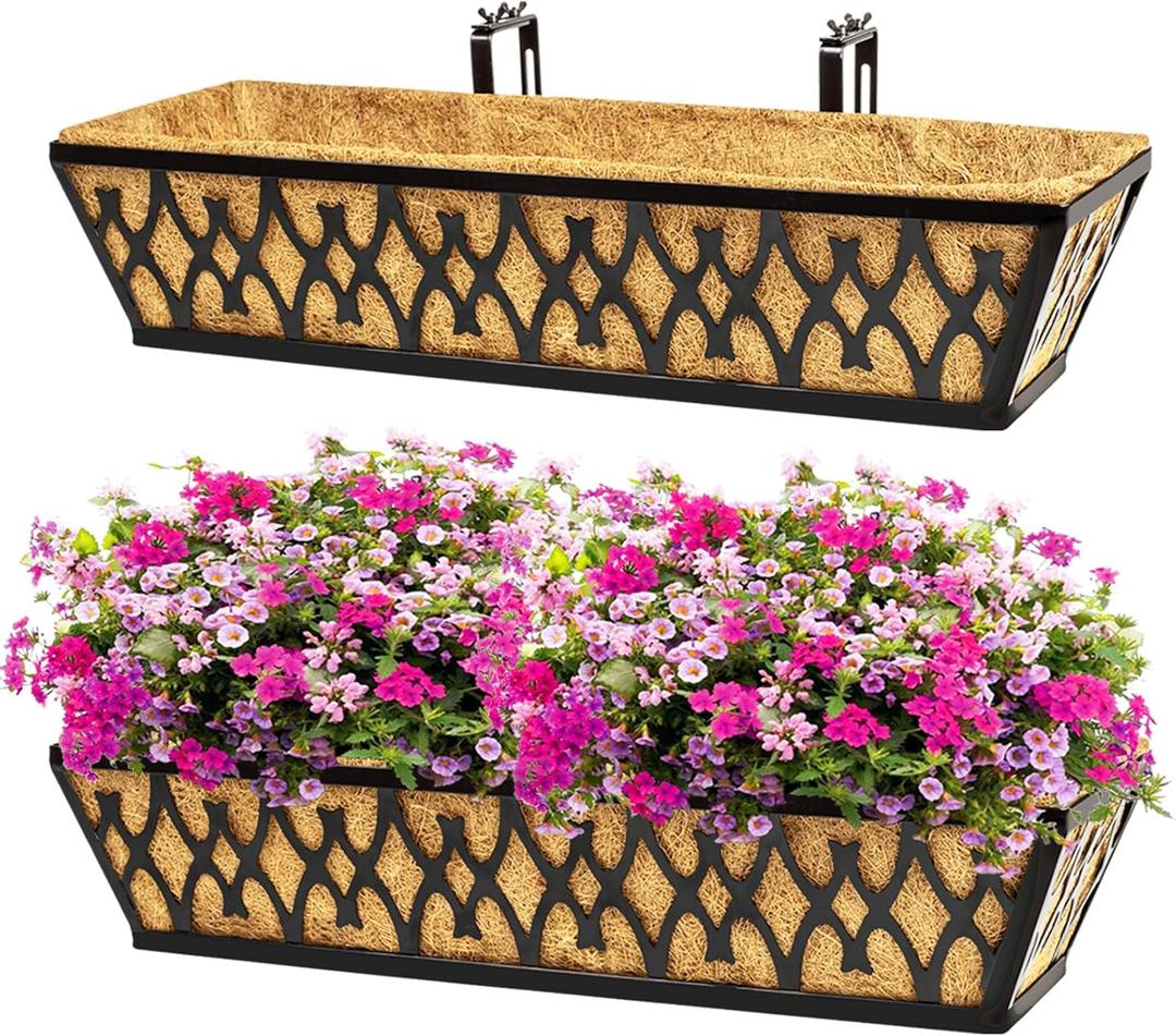 2 Pack 24 Inch Window Boxes Planters Railing Planter Box with Adjustable Brackets for Porch Fence Patio Balcony Hanging Flower Baskets with Coco Liners for Outdoor Garden Dcor - Black