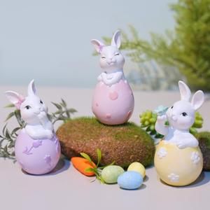 Cynkeyee Easter Decorations Bunny Figurine - Set of 3 Resin Bunnies Easter Eggs Base, Pink, Yellow, Purple Bunny for Table Decor Office Gift for Woman Easters Decorations for The Home 1.5x2x3.5 Inch