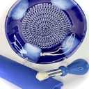 All-in-one Premium Ceramic Garlic Grater Plate 4-Piece Set - Blue Cross Glazed Design and Style - For Garlic, Ginger, Chocolate, and more! - Comes with 5.25" Plate, Peeler, Brush, and Stand