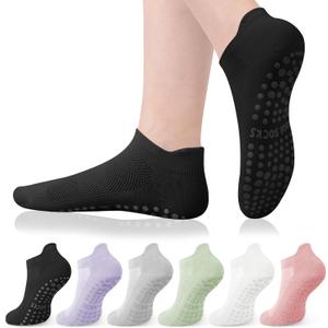 YSense 6 Pairs Pilates Socks with Grips for Women Non Slip Grip Socks Yoga Socks for Ballet Athletic Workout Hospital (5-9, Black Green Grey White Purple Pink)
