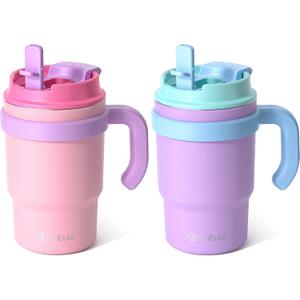 Fimibuke 16oz Kids Insulated Tumbler with Handle & Straws - 2 Pack BPA FREE 18/8 Stainless Steel Toddler Cups with Sip/Swig 2-in-1 Lids, Leak Proof Kid Drinking Cup Travel Mugs for Children Boys Girls