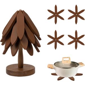 Silicone Trivets Mat Set for Hot Dishes - Tree Trivets with Stand - Hot Pads Pot Holders for Kitchen (Brown)