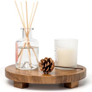 Round 9.4" Acacia Wood Decorative Tray  Farmhouse Wood Riser Pedestal Stand for Kitchen and Bathroom Decor, Counter Display, Vanity Tray (Medium, 9.4" Dia)