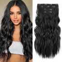 REECHO Hair Extensions, 4PCS Clip in Hair Extensions 24" Thick Long Beach Waves Black hair extensions HE003 Invisible Lace Weft Natural Soft Synthetic Hairpieces for Women Black