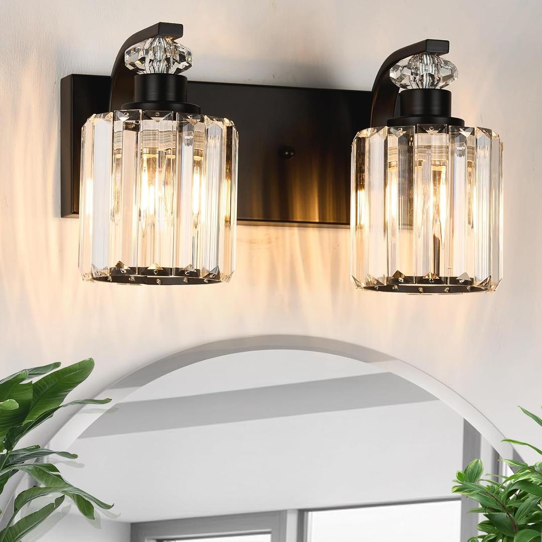 Black Bathroom Light Fixtures with K9 Crystal Lampshade Bathroom Lighting Over Mirror Vanity Lights for Living Room,Bedroom,Restroom,Hallway 2 Lights