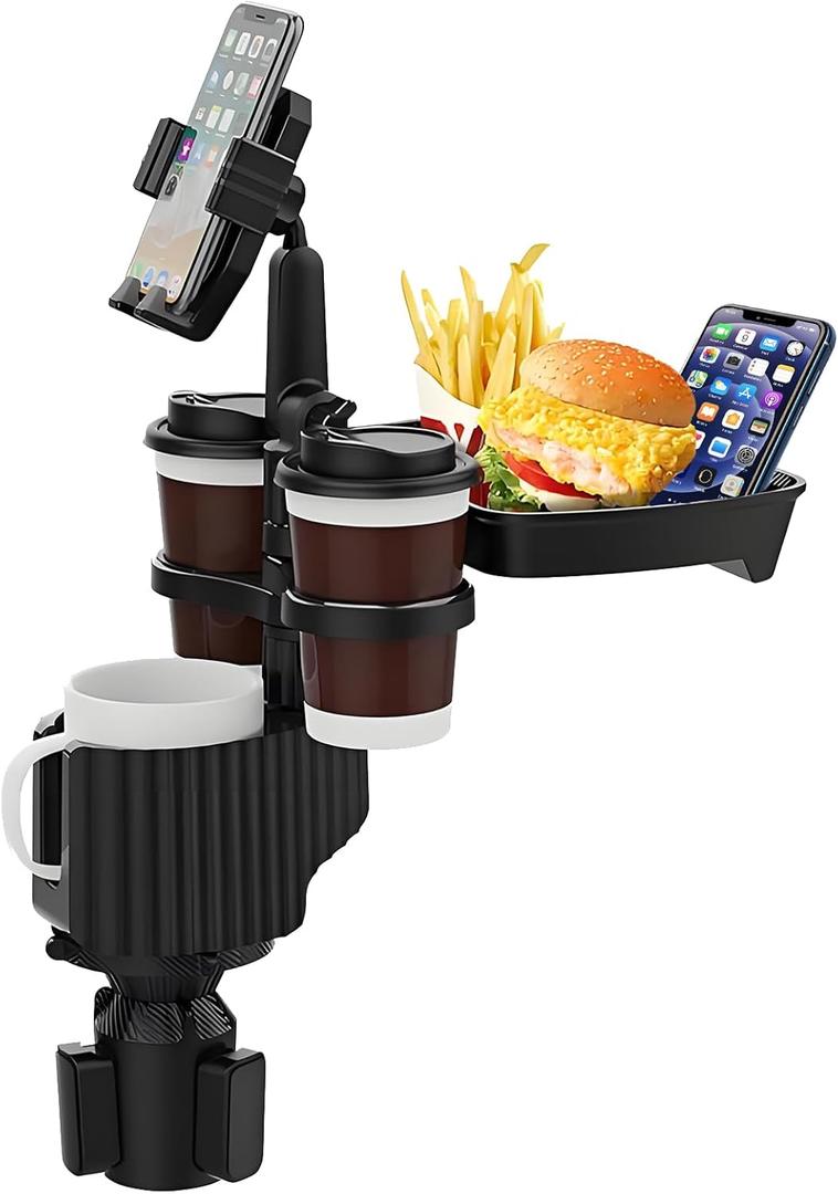 Car Cup Holder Expander, 6-in-1 Universal Cup Holder Tray Compatible with 2.3" to 3.6", Multi Cup Holders Table with Large Food Tray Phone Mount, for Travel Auto Trucker Road Trip Essentials