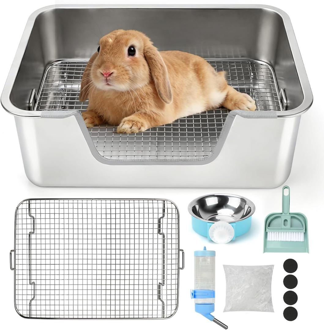 Rypet Large Rabbit Litter Box, Bunny Litter Box High Side with 304 Stainless Steel Sifting Tray, Metal Small Animal Litter Pan with Pet Food Bowl and Water Bottle, Non-Slip Easy to Clean Odor Control (S(15.8"11.8"5.9"))