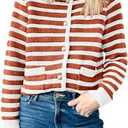 ANRABESS Womens Cardigan Sweater Long Sleeve Button Down Lady Tweed Knit Jackets 2025 Fall Outfits White Orange Strip X-Large