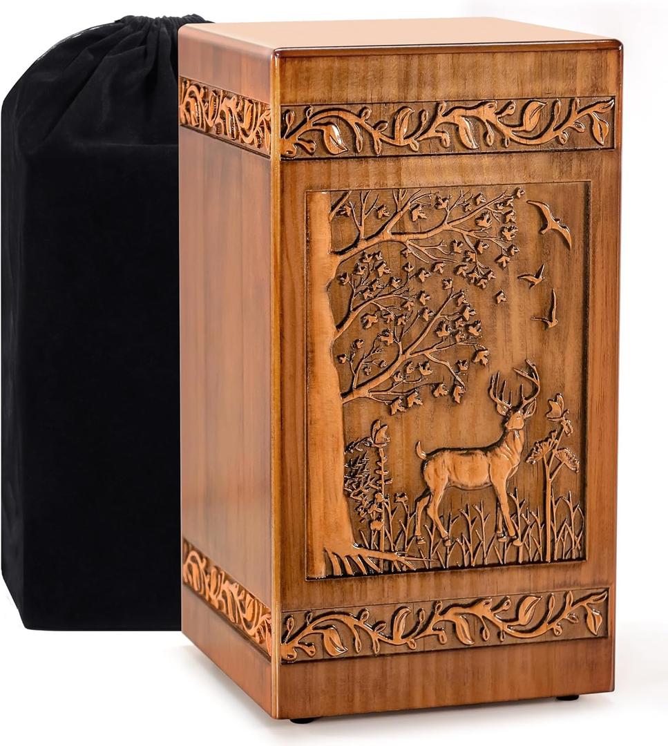 Handmade Wooden Urn for Human Ashes, Urns for Adults Male Female 250 lbs, Engraved Burial Cremation Urns for Ashes Men Women(Deer)