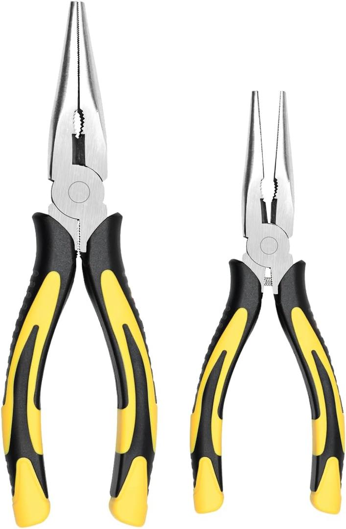 Premium Long Needle Nose Pliers-6''&8'', Paper Clamp Precision, High Carbon Steel, Soft Grip with Wire Cutter, Long Nose Cutting Pliers for Home, Fishing, Jewelry, Crafts,2pcs