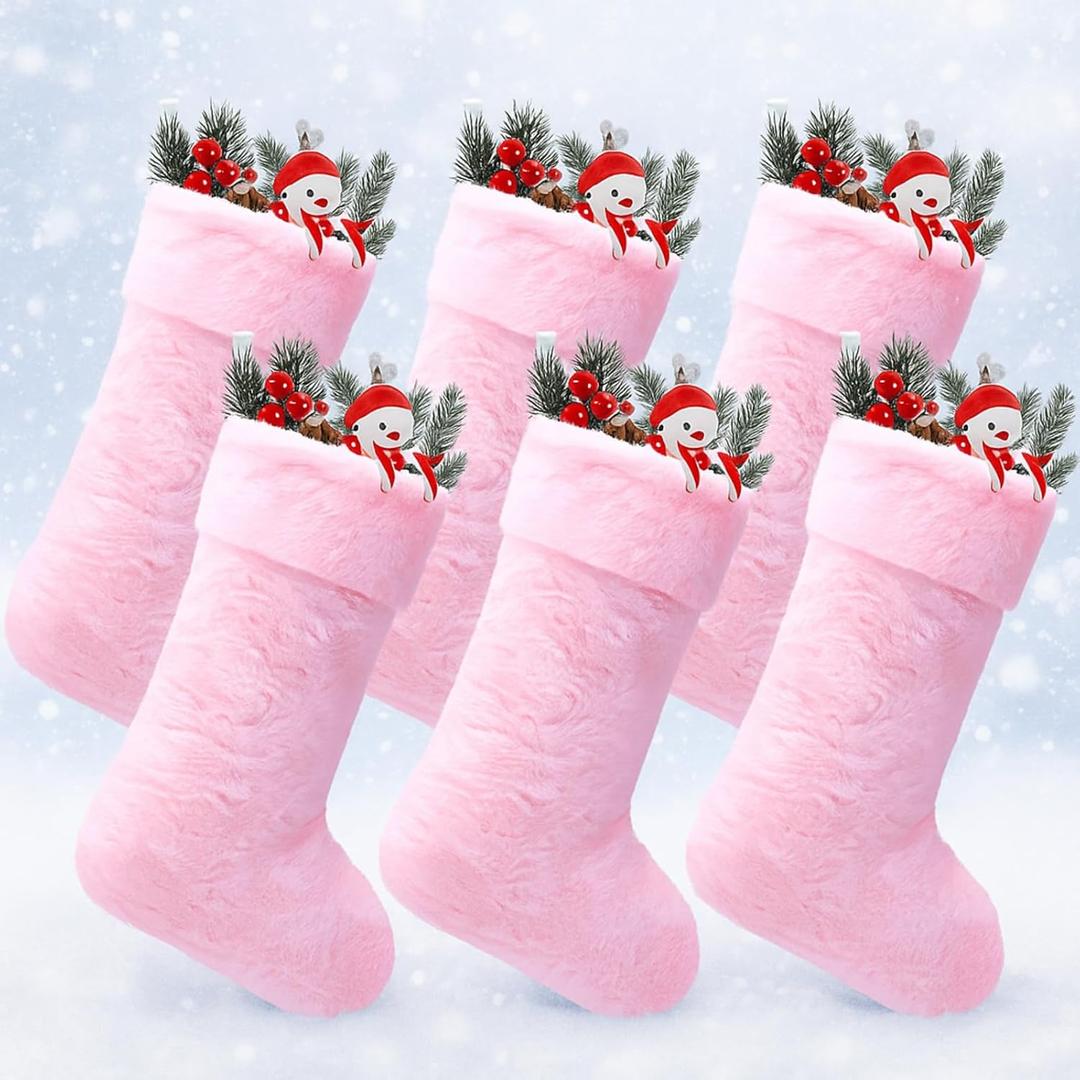 JOVITEC 6 Pieces 20 Inch Christmas Stockings Faux Fur Snowy Christmas Stockings Xmas Fireplace Hanging Stocking Candy Gift Bags for Holiday Decorations (Cute, Pink)