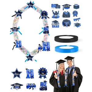 Romart 98 Pcs Graduation Candy Lei Making Kit 2026, Candy Lei Tubing Clear with Blue & Black Ribbons, DIY Candy Lei Wrapping Supplies with PE Bags Cards Stickers for Class of 2026 Grad Party Gifts
