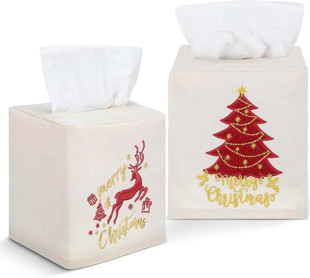 Domensi 2 Pcs Christmas Linen Tissue Box Cover 5.5 x 4.75 x 4.75 Inches Christmas Tree and Elk Tissue Box Holder Holiday Square Home Decor Xmas Embroidered Gifts for Bathroom Bedroom Living Room