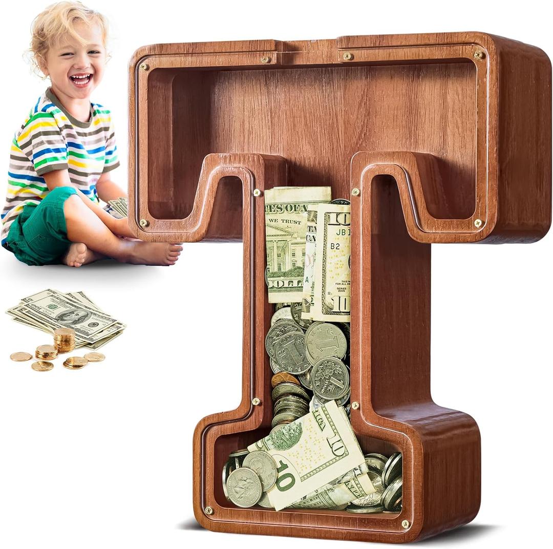 Summidate Large Wooden Piggy Bank for Kids Adults, Letter T Money Bank for Boys Girls, Personalized Initial Alphabet Bank for Coins Bills Change, Birthday and Decor