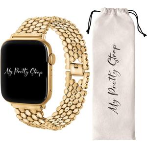 My Pretty Strap - Compatible Apple Watch Band Strap, Stainless Steel Fashion iWatch Replacement Strap- Easy Resizing, No Tool Needed, Fits Most Wrists- Series 1-11, SE and Ultra (44MM / 45MM / 46MM / 49MM / (Series 1-3 - 42MM), Honeycomb Gold)